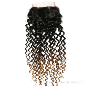 Adorable 1B/4/30 Three Tone Ombre Brazilian Kinky Curly Hair Lace Closure 4*4 Free Part Jerry Top Remy Human Hair Closure